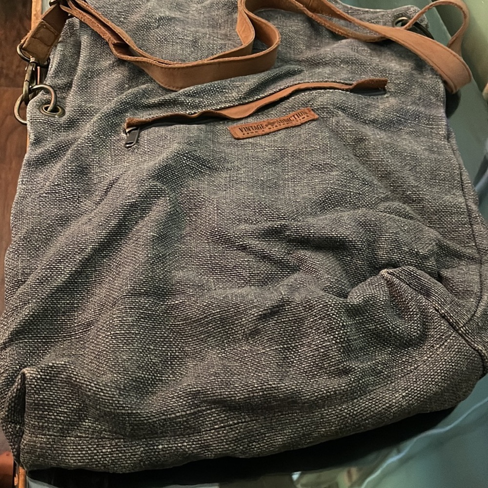 Foldover Charcoal Jute Crossbody Vintage Addiction 100% cotton, jute, leather. - Picture 4 of 6